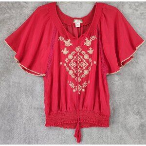Flying Tomato Shirt Womens Medium Red Gold Embroidered Tasseled Blouse